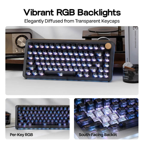 75 Percent Mechanical Keyboard With Top Shelf Frosted Acrylic Casing And Creamy Gasket Mount Smooth Wireless Gaming Board With Massive Battery Life Rgb Shine Through Caps Hot Swappable Switches And Full Nkro Support In Matte Black with vibrant RGB backlights shown from the front