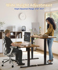Room with Electric Standing Desk 48 By 24 Inches With Adjustable Height, rustic brown top, black frame, featuring sitting and standing use