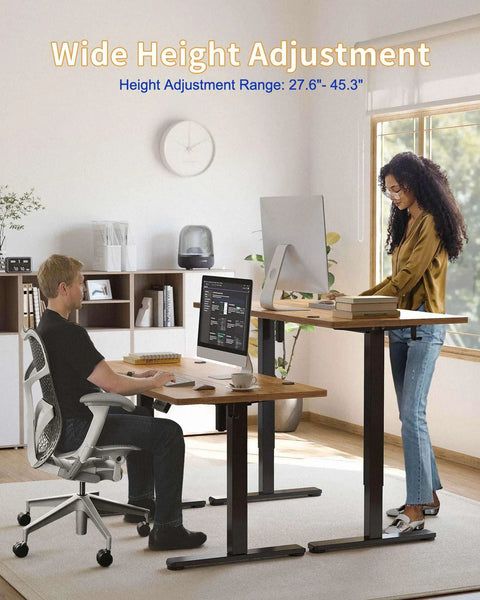 Room with Electric Standing Desk 48 By 24 Inches With Adjustable Height, rustic brown top, black frame, featuring sitting and standing use
