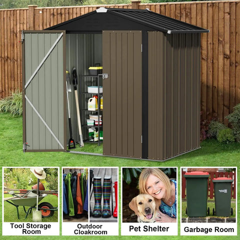 Sturdy Metal Outdoor Storage Shed 6 By 4 Ft With Lockable Door Waterproof Garden Tool Storage House For Backyard Pad Patio And Lawn Brown Heavy Duty Steel Construction For Long Lasting Weather Resistance And Extra Security, open with tools visible.