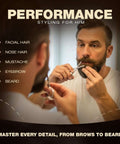Man using Two Piece Nose And Eyebrow Scissors Set For Men And Women Stainless Steel Small Grooming Scissors With Curved And Rounded Heads Easy Trim For Nose Hair Ear Hair Eyebrows Beard Mustache Lashes Eyelashes Pro Grade Quality to trim beard in mirror