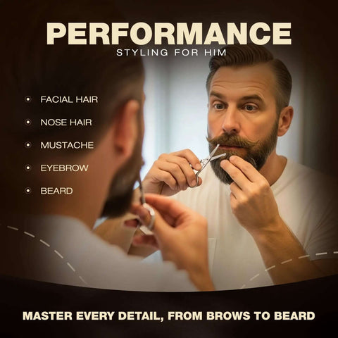 Man using Two Piece Nose And Eyebrow Scissors Set For Men And Women Stainless Steel Small Grooming Scissors With Curved And Rounded Heads Easy Trim For Nose Hair Ear Hair Eyebrows Beard Mustache Lashes Eyelashes Pro Grade Quality to trim beard in mirror