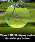 CoolShot 50i GII Golf Laser Rangefinder With Rainproof 6X Monocular Optics, Dual Locked On Quake Flagstick Detection, Continuous Scan, Magnetic Mount, Slope Adjusted Distances And Actual Distance Modes. OLED view of flag at 164.2 yd