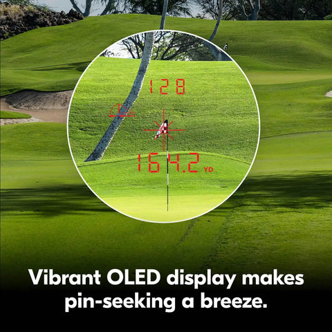 CoolShot 50i GII Golf Laser Rangefinder With Rainproof 6X Monocular Optics, Dual Locked On Quake Flagstick Detection, Continuous Scan, Magnetic Mount, Slope Adjusted Distances And Actual Distance Modes. OLED view of flag at 164.2 yd