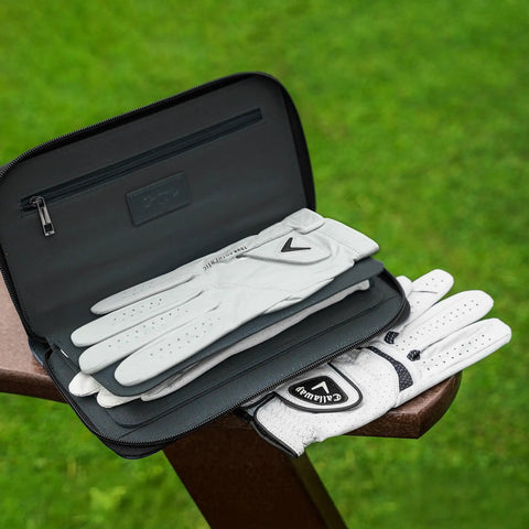 Open Glove Caddie Wallet For Golfers Holds Up To Three Gloves Plus On Course Essentials In A Sleek Premium Wallet on a bench