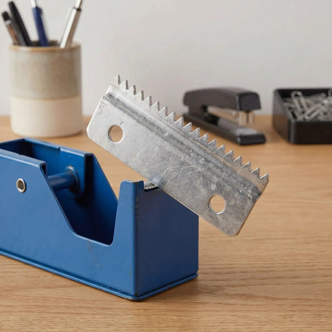 Metal Tape Cutter Replacement Blades With Beefy Serrated Teeth, 10 Pack, Fits Box Tape Dispenser, Spare Parts For Shipping And Warehouse Packaging, Compatible With Most Desktop And Standalone Tape Dispensers, close-up installed in blue tape dispenser