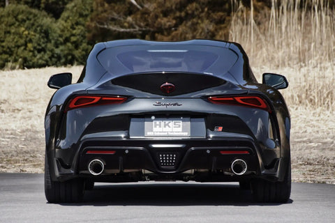 Rear view of car with Urban Matte Muffler Mat For Toyota GR Supra DB42 Low Back Pressure Quiet Performance Exhaust and Intake