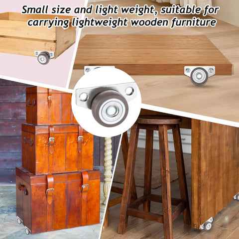 Four 1.25 Inch Small Low Profile Caster Wheels With Steel Top Plate For Furniture Drawers DIY Projects Mini Fixed Casters Set With 8 Screws For Easy Installation Heavy Duty Rigid Castor Wheels For Smooth Rolling under wooden furniture and boxes.