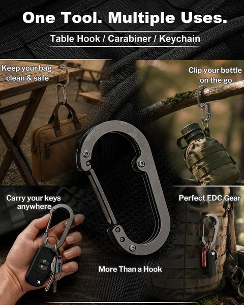 Ultra Light Aerospace Grade Titanium Purse Hook for Table and Desk used for various carry options.