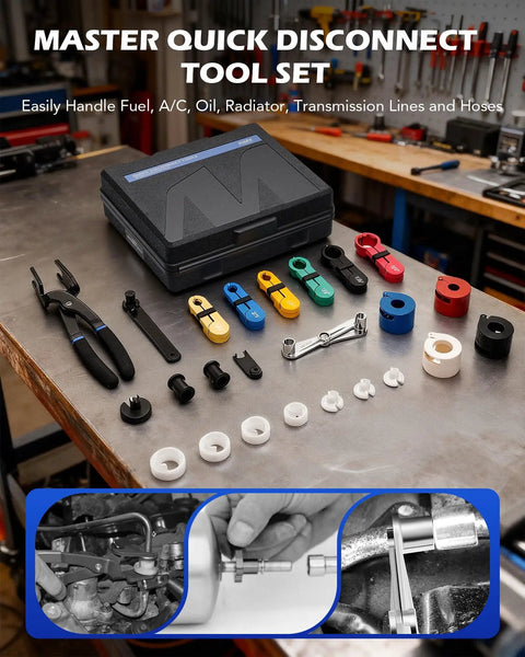 26 Piece Fuel Line Disconnect Tool Set Master Quick Disconnect Kit with pliers, clip removers, and case on workbench