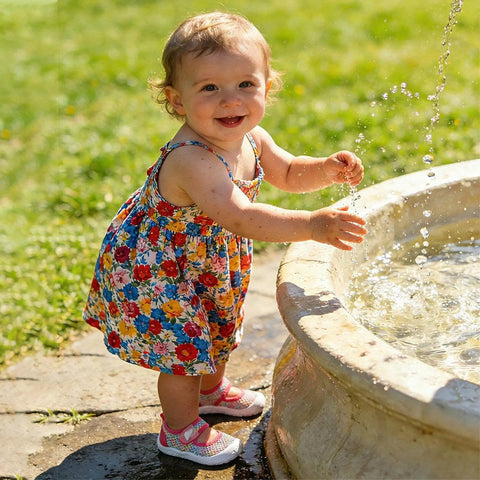 Toddler wearing Kids Water Shoes Quick Dry Aqua Socks For Toddlers And Baby Boys Girls Breathable Quick Dry Upper With Drainage Holes Non Slip Sole Beach Sandals Pink Size 9 9.5 standing by a fountain in a floral dress.