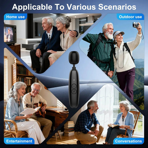 Image of seniors using Personal Sound Amplifier For Seniors With 50 dB Gain Seven Level Tone Control Noise Cancellation Rechargeable Battery With Long Life Easy To Use And Affordable TV And Conversation Booster From Up To 30 Feet in various scenarios.