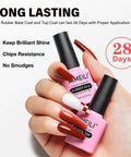 Hands holding HEMA Free All In One Rubber Base Gel And No Wipe Top Coat Kit Set Soak Off UV LED Clear Gel Nail Polish bottles