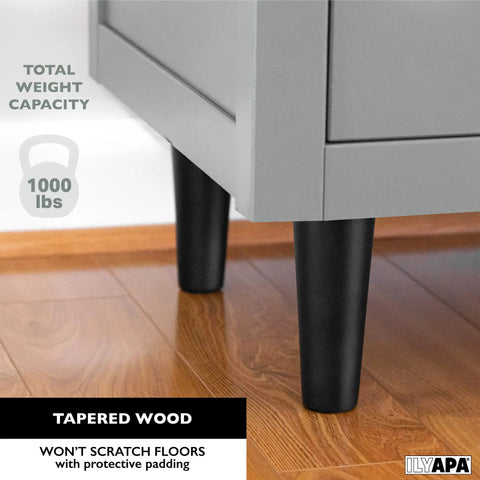 Heavy Duty Black 16 Inch Tapered Wooden Furniture Feet Replacement Legs For Chairs, Tables, Cabinets And Ottomans, shown on cabinet