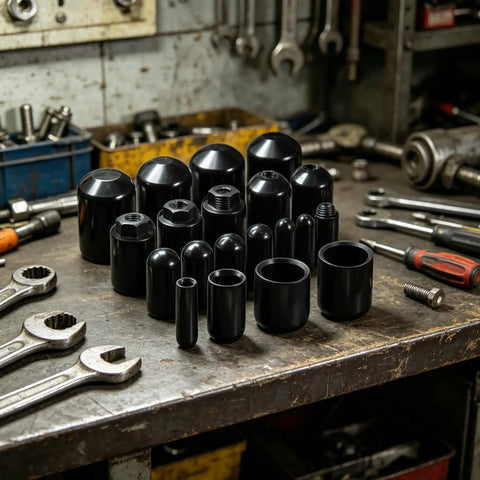 Heavy Duty Black Vinyl End Caps Assortment Kit With 40 Pieces For Multiple Sizes Including Quarter And Half Inch To Protect Furniture Legs And Metal Threads From Scratches While Keeping Your Home Projects Looking Fresh. Black vinyl end caps on a workbench, assorted sizes for furniture legs and threaded rods