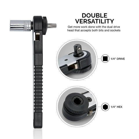Right Angle Mini Ratchet Wrench With 1 Quarter Inch Dual Drive Head Bits And Socket Set 17 Piece CRV Steel Tool Kit detail