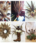 Variety of crafts using 12 Pcs Natural Ringneck Pheasant Tail Feathers 14 To 16 Inch For Crafts Weddings Parties Performances And Home DIY Decor Safe Cleaned And Sanitized Feathers Great For Costume And Floral Arrangements Bird Theme Decor.