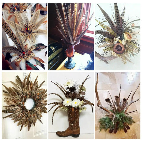 Variety of crafts using 12 Pcs Natural Ringneck Pheasant Tail Feathers 14 To 16 Inch For Crafts Weddings Parties Performances And Home DIY Decor Safe Cleaned And Sanitized Feathers Great For Costume And Floral Arrangements Bird Theme Decor.