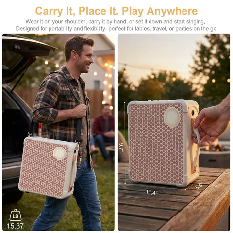 Man carrying Party Ready Portable Karaoke Machine For Adults Outdoor With SOS Mode Bluetooth Guitar Amp Dual DSP Audio 9000mAh in backyard