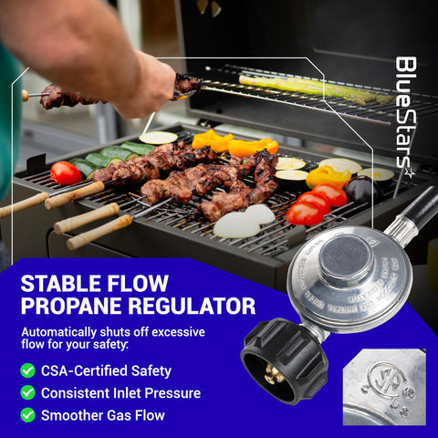 8 Ft QCC1 Propane Regulator And Adapter Hose For LP Gas Grills and Heaters connected to barbecue grill with vegetables