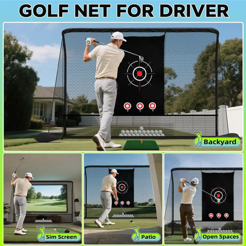 10x7ft Golf Hitting Practice Net for Real Golf Balls with golfer swinging in backyard setting, showing target screen.