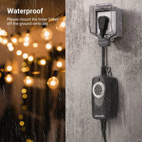 Hella Durable Outdoor Light Timer With Built In Photo Sensor And Two Foot Extension Cord For Dusk To Dawn Auto Shutoff Weatherproof Plug And Play Schedule Control mounted on a wet wall with decorative lights.