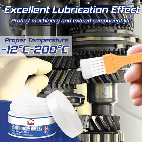 White Lithium Grease Go To Multi Purpose Lubricant With Built In Brush applied on metal gears, 3.5oz container shown