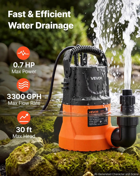 Heavy Duty Submersible Water Pump Delivers Knockout 3300GPH Flow With Zero Point Seven HP Motor in water with garden backdrop.