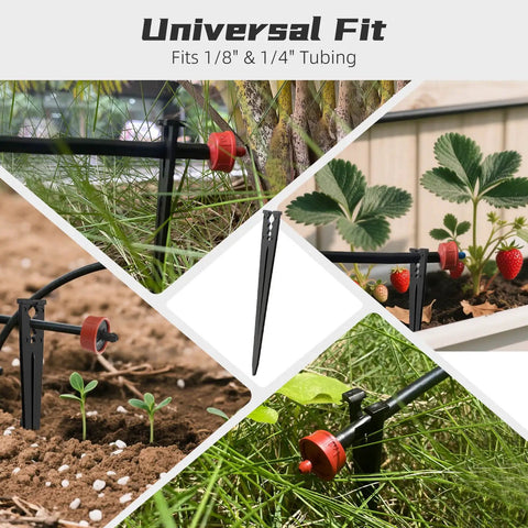 100 Pack Drip Irrigation Stakes For One Eighth To One Quarter Inch Tubing, 5.79 Inch Tall, installed in garden and pots