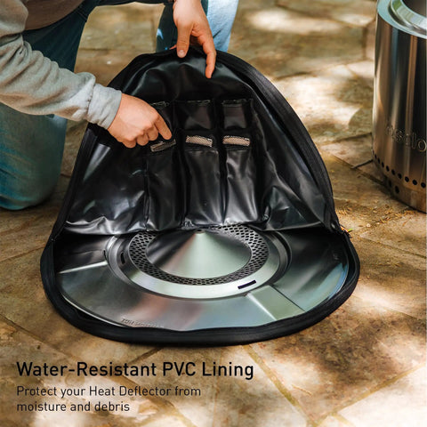 Person demonstrating Medium Heat Deflector Carry Bag For Bonfire Accessories Weather Resistant Protective Gear Case With Durable Zipper And Handles 600D Solution Dyed Material With PVC Backing