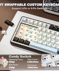 Clean 96 Percent Layout Wireless Mechanical Keyboard With Hot Swappable Switches and Playful Cat Metal Knobs Dedicated Number Pad in Coffee Brown with exposed switches.