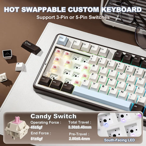 Clean 96 Percent Layout Wireless Mechanical Keyboard With Hot Swappable Switches and Playful Cat Metal Knobs Dedicated Number Pad in Coffee Brown with exposed switches.