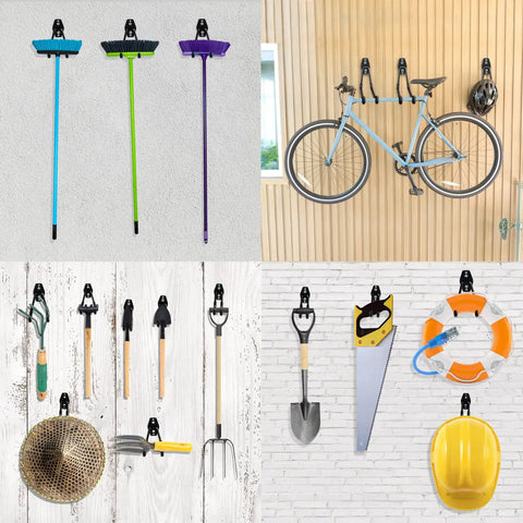 12 Pack Heavy Duty Steel Garage Hooks with Anti Slip Coating Wall Mount Organizer holding brooms, bike, tools, lifebuoy.