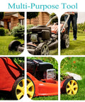 Person using red lawnmower on grass in garden, showcasing different angles and wheels in collage with text 'Multi-Purpose Tool'