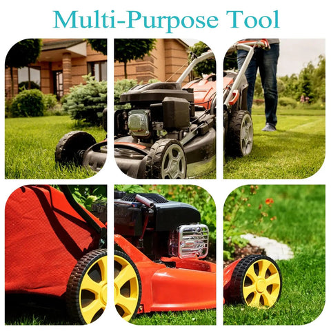 Person using red lawnmower on grass in garden, showcasing different angles and wheels in collage with text 'Multi-Purpose Tool'