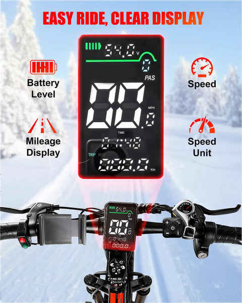 Electric Mountain Bike For Adults 1500W Peak Motor LCD display showing speed, battery level, and mileage