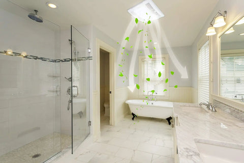 Ultra Quiet 90 CFM Bathroom Exhaust Fan With Light Powerful Moisture And Odor Ventilation For Your Home One Point Five Sones Built For Rooms Up To 85 Square Feet Light Combo Durable Build With Three Year Warranty visible in elegant bathroom with shower and bathtub, venting air.