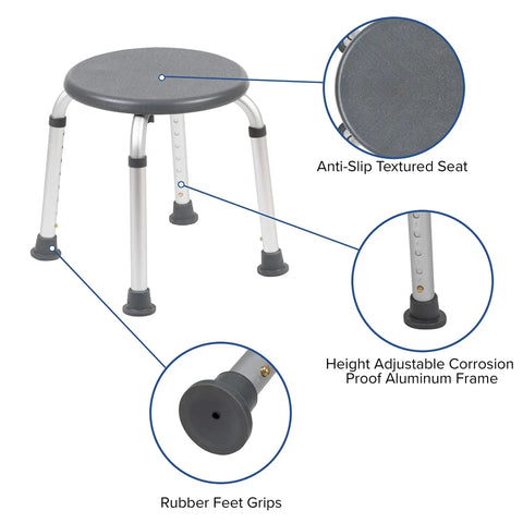 Aluminum Bath And Shower Chair With Adjustable Height And Anti Slip Medical Seat For Easy Safe Transfers 300 Lb Weight Capacity No Slip Feet Ideal For Elderly And Post Surgical Use Gray with rubber feet grips and round seat