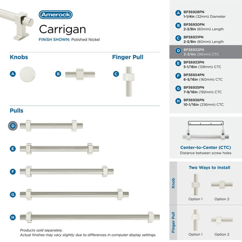 Carrigan Polished Nickel Cabinet Pull Three And Three Quarters Inch Center To Center 96mm 1 Pack Drawer Pull with installation options.