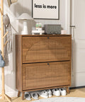 Slim Walnut Wood No-Fuss Shoe Storage Cabinet With Two Flip Drawers For Entryway Freestanding Narrow Organizer For Foyer And Hallway Hidden Storage With Fluted Panel Doors in hallway