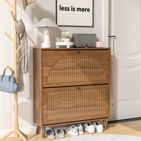 Slim Walnut Wood No-Fuss Shoe Storage Cabinet With Two Flip Drawers For Entryway Freestanding Narrow Organizer For Foyer And Hallway Hidden Storage With Fluted Panel Doors in hallway