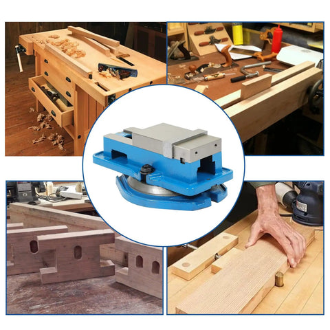 Built Tough Precision Mill Vise Featuring Rock Solid 360 Degree Swiveling Base for secure clamping on woodworking projects.