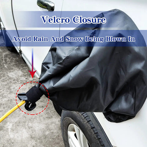 Outdoor All Weather EV Charger Port Cover With Magnetic Attachment on a white car, emphasized Velcro closure and weatherproof design.