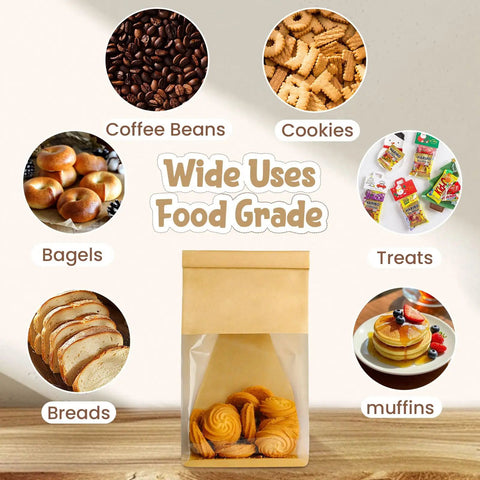 Bread And Cookie Bags With Seal And Window 50 Pack Reusable Bakery Bags With Tin Tie Tabs; showcasing food variety use.