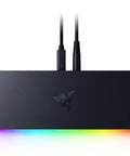 Plug And Play Thunderbolt 5 Dock With Eleven High Speed Ports And One Forty Watt Power Delivery USB C Hub For Seamless Triple Monitor Setups Ethernet Adapter SD Card Reader M Two Storage Expansion For Boss Gamers And Creators On PC Mac top view with RGB lighting and cables.