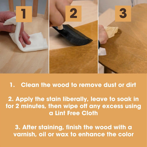 Instructions on applying Superior Water Based Walnut Wood Stain Ultra Fast Drying Low Odor Plus Non Toxic Formula for furniture.