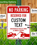 No Parking Sign For Biz Use, Custom Reserved Parking Sign 10x14 Inches, Rust Free 040 Aluminum, Fade Resistant, Made In USA, Durable Outdoor Office Sign With Post Holes displayed on fence with mounting options