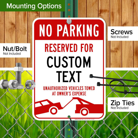 No Parking Sign For Biz Use, Custom Reserved Parking Sign 10x14 Inches, Rust Free 040 Aluminum, Fade Resistant, Made In USA, Durable Outdoor Office Sign With Post Holes displayed on fence with mounting options