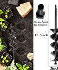 Two black steel planting auger drill bits, 16.5 in long, 3 in diameter, 3/8 in hex drive, for planting holes.