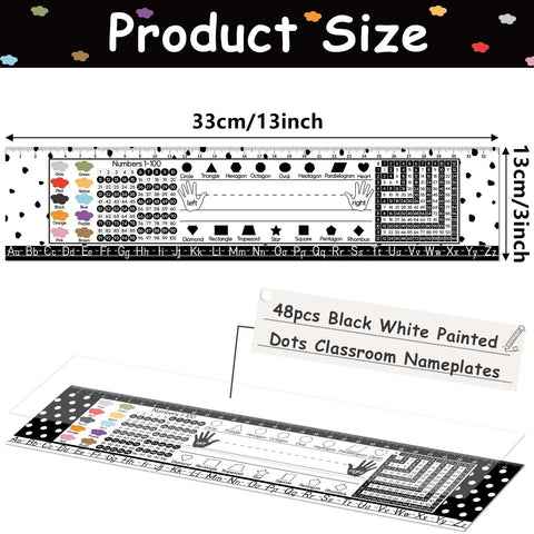 48 Pack Black White Painted Dots Classroom Name Plates Desk Name Tags For Kids Alphabet And Multiplication Size Info